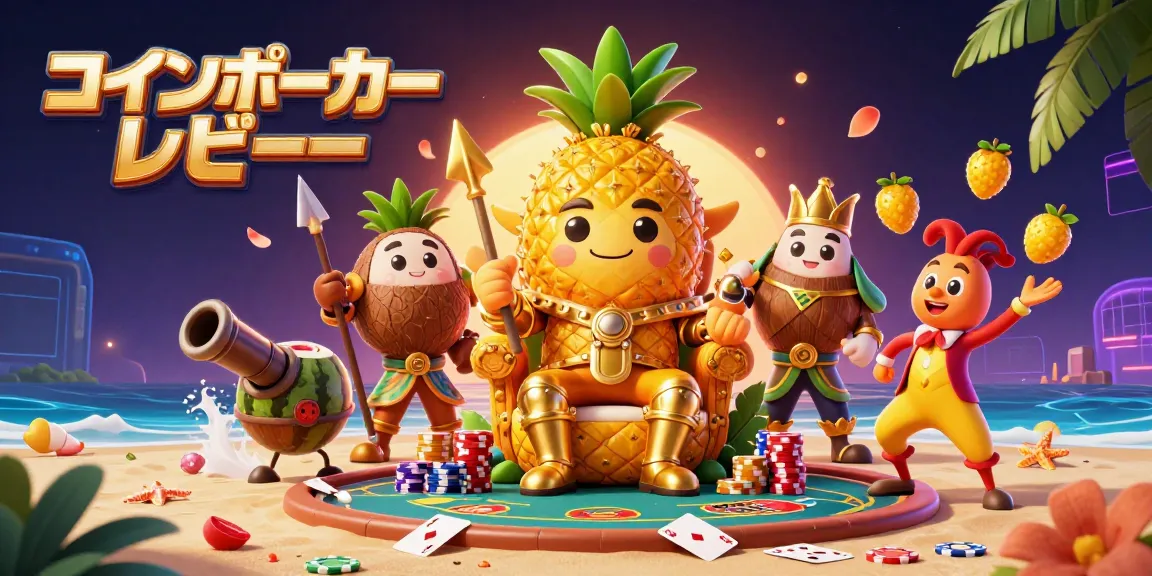 コインポーカーレビューで華やかなポーカーテーブルを彩り、ジャグリングするマングースや貴族的なキャラクターが描かれたイラスト。