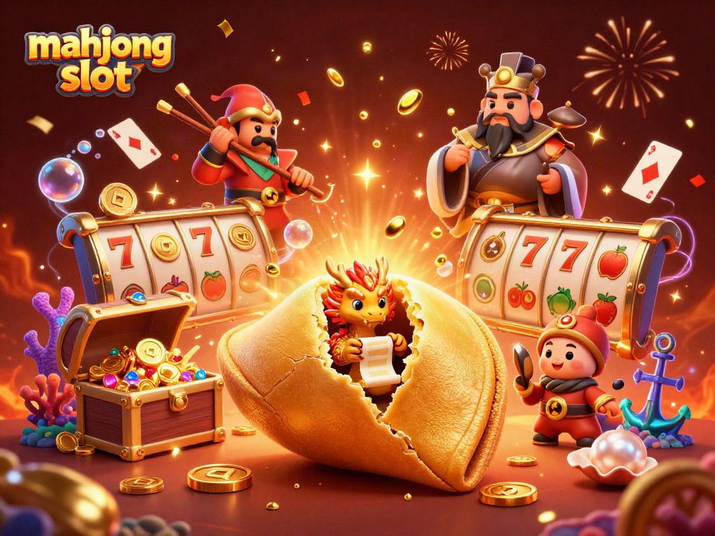 Engage with the mahjong slot adventures featuring a fortune cookie, dragon, and celebratory elements.