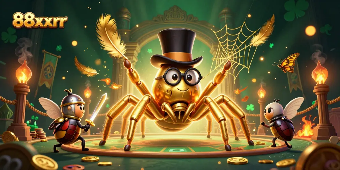 Engage with thrilling action in 88xxrr as a cartoon knight approaches a golden tarantula weaving a casino web.