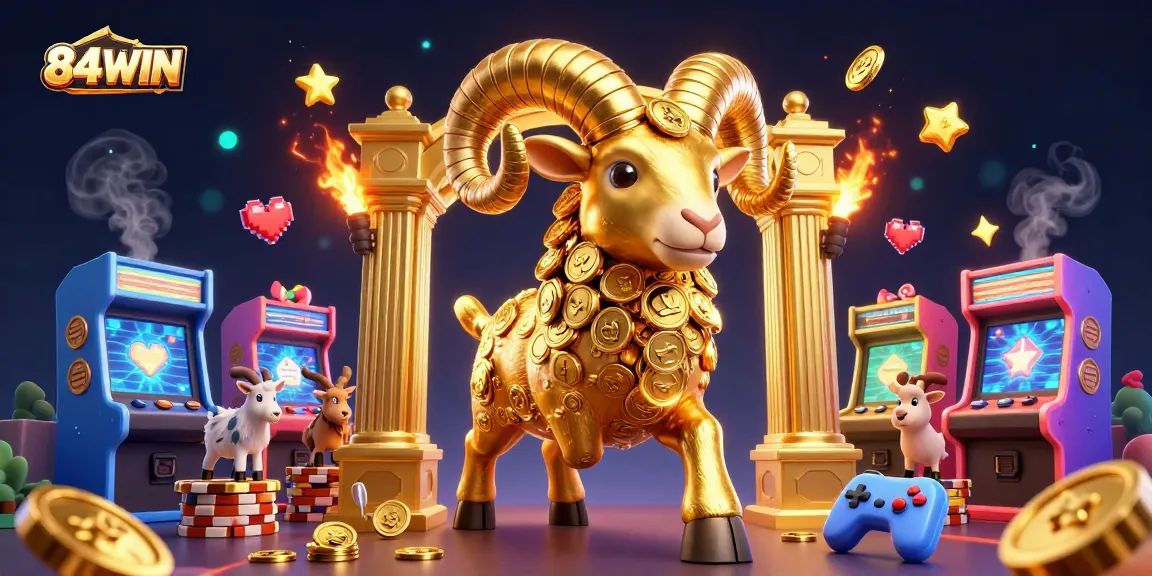 Experience the thrill of winning at 84WIN with a golden ram charging toward fortune amidst dynamic casino elements.