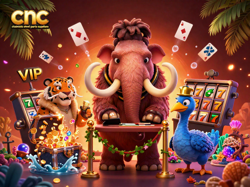 CNC stainless steel parts suppliers capturing excitement at a casino with dynamic character interactions and game elements.