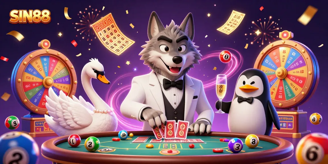 SIN88 brings an engaging atmosphere with charming casino characters at a baccarat table amidst a lively celebration scene.