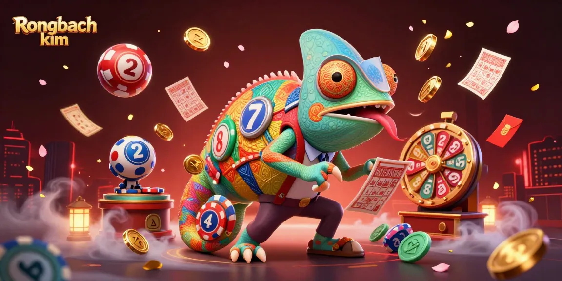 Engaging Rongbach kim illustration showcasing a chameleon casino owner amidst dynamic lottery elements.