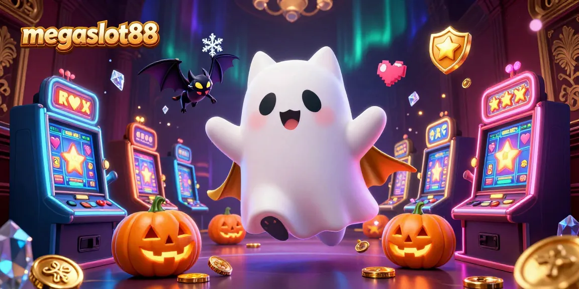 Play megaslot88 with thrilling ghostly characters and vibrant slot machines in an exciting casino scene