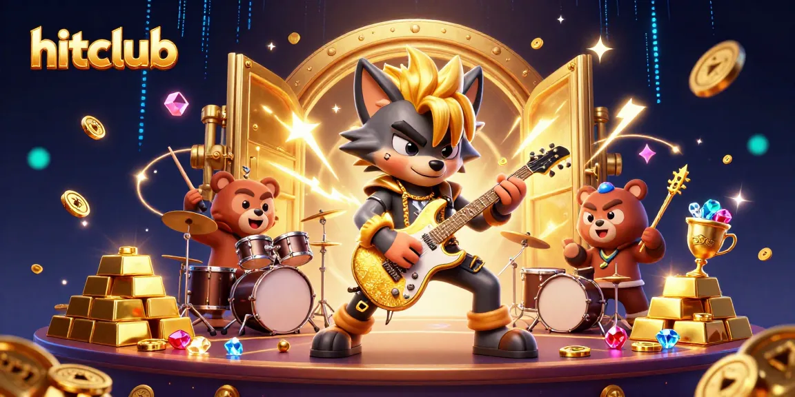 Hitclub players enjoy a vibrant casino atmosphere with dynamic characters, gold treasures, and electric energy.
