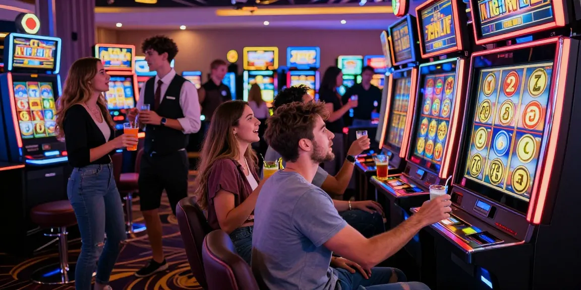 Friends celebrating by playing slot machines in an exciting casino environment.