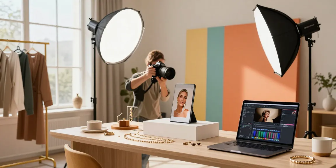 Photo ecommerce de produits en studio, photographe ajustant les lumières pour un éclairage parfait.