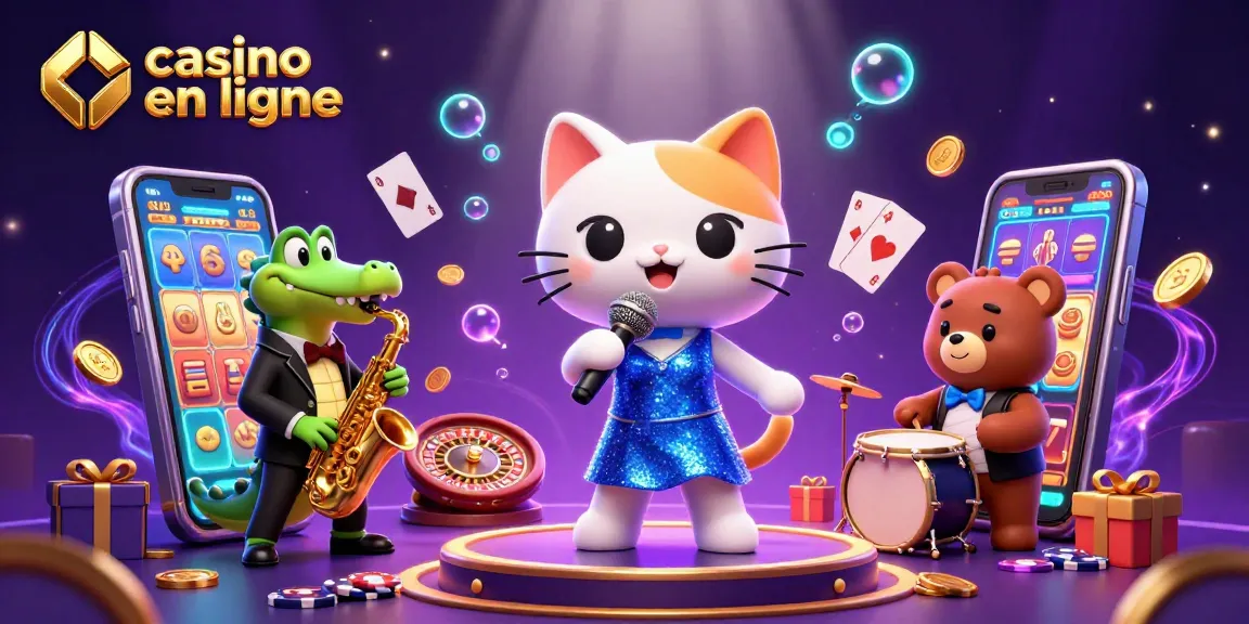 Découvrez un chat chanteur au casino en ligne, entouré de jeux colorés et de personnages animés.