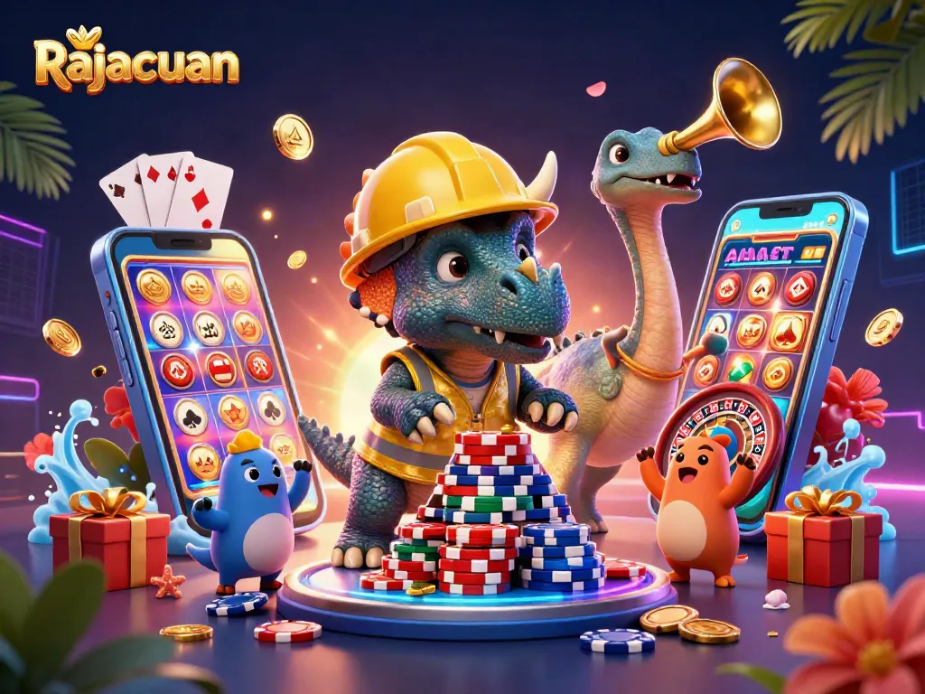 Rajacuan showcases a triceratops building poker chips with celebrations around a vibrant casino scene.