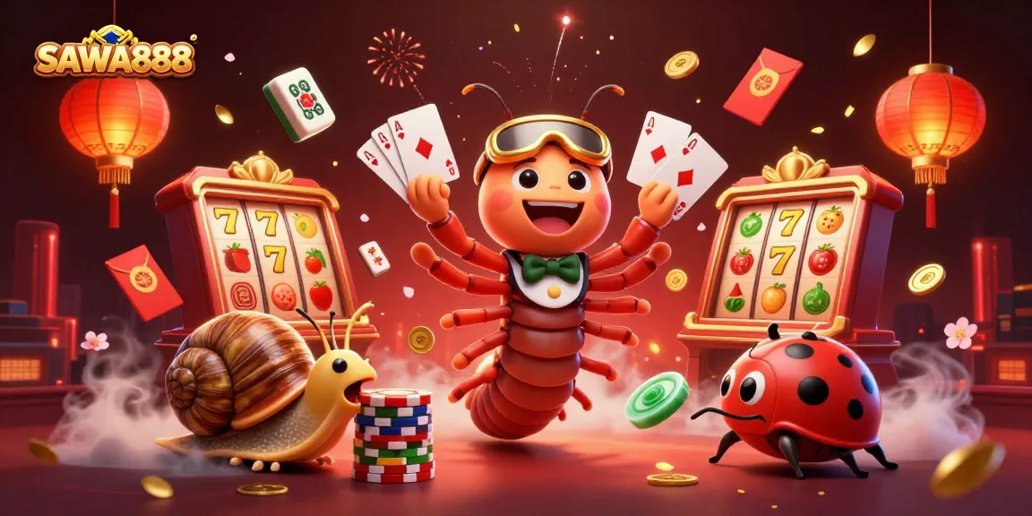 SAWA888 showcases an exciting scene with a millipede dealer, a snail high-roller, and a pill bug, surrounded by vibrant slot elements and festive decorations.