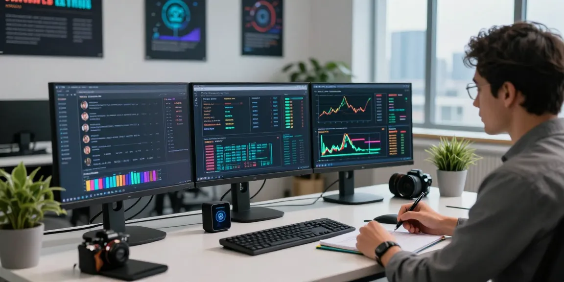 Analyzing Best Darknet Markets 2026 in a professional workspace with multiple screens and cybersecurity elements.