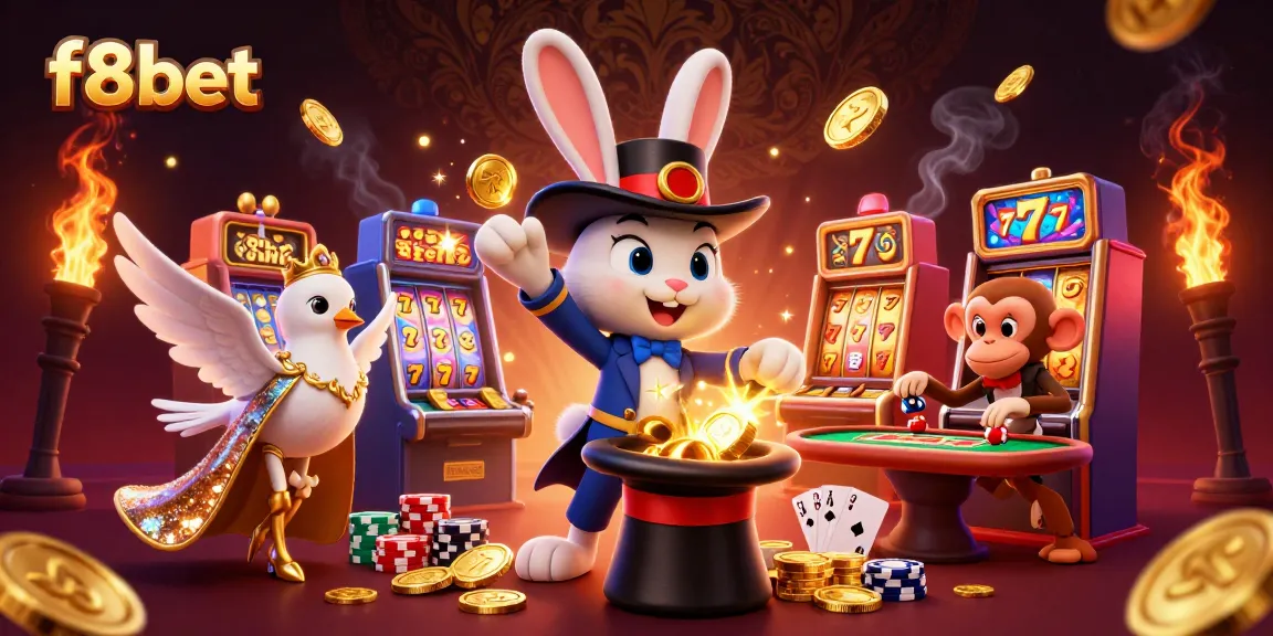 Win big at f8bet with this vibrant 3D illustration featuring casino games and playful characters.