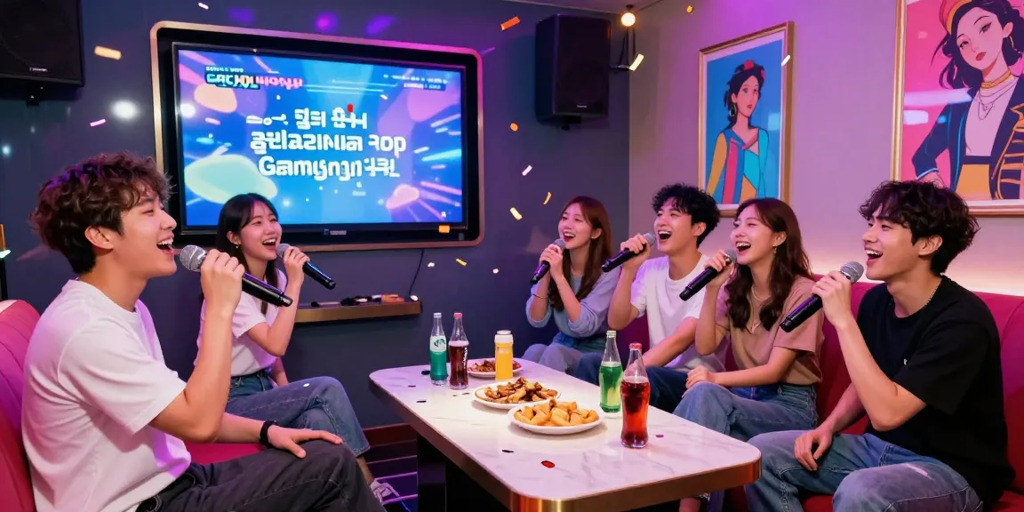 Friends enjoying a lively 강남가라오케 karaoke session with colorful lights and joyful atmosphere.