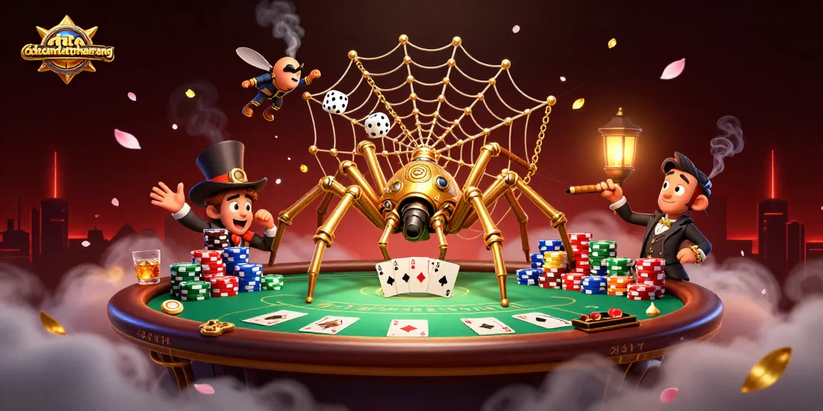Experience thrilling action at dacsandatphanrang, featuring a golden spider web and poker chips in this vibrant illustration.