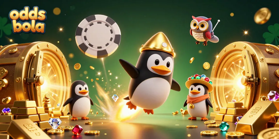 Action-packed illustration showcasing the golden penguin rocketship representing odds bola in an exciting casino atmosphere.