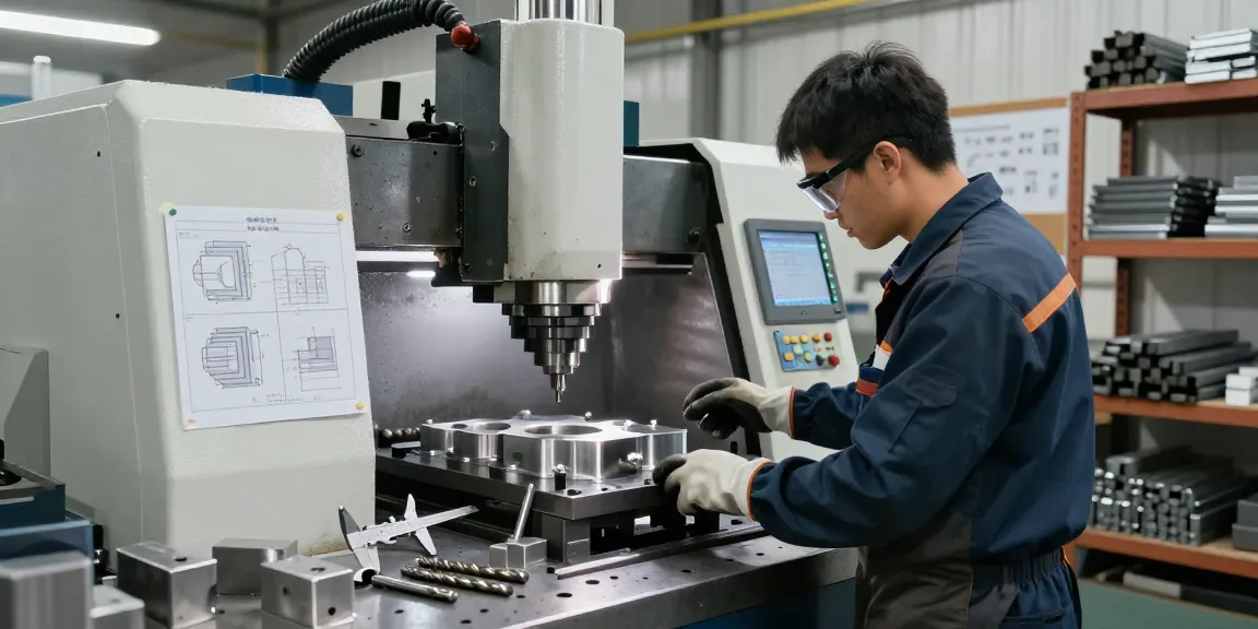 CNC stainless steel parts suppliers at work, machinist programming a milling machine in a bright workshop.