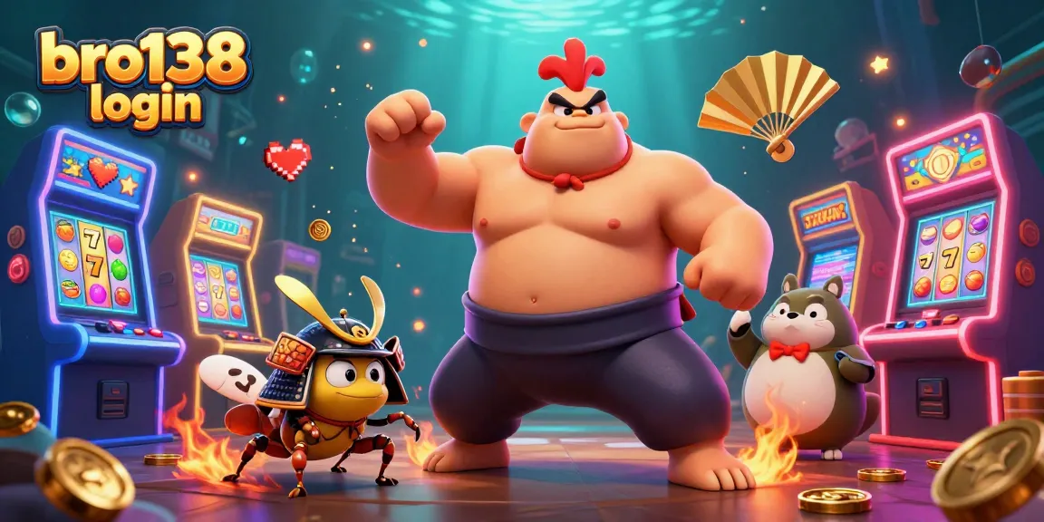Engage with bro138 login featuring an intense sumo-themed casino scene with vibrant slot machines and captivating characters.