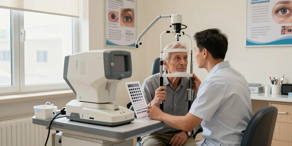 黄斑病變檢查 taking place in an advanced eye clinic with a patient and professional.