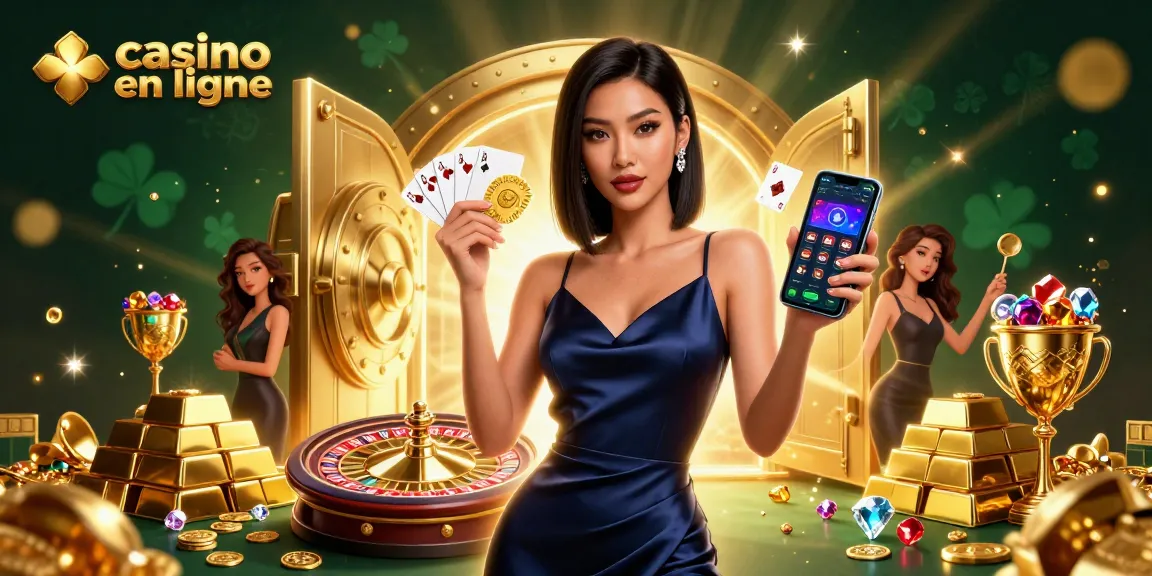 Découvrez l'excitation du casino en ligne avec des visuels époustouflants d'une femme et d'éléments de casino.