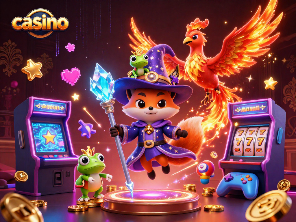 Engage in an exciting casino adventure with the wizard fox, phoenix, and enchanted frog!
