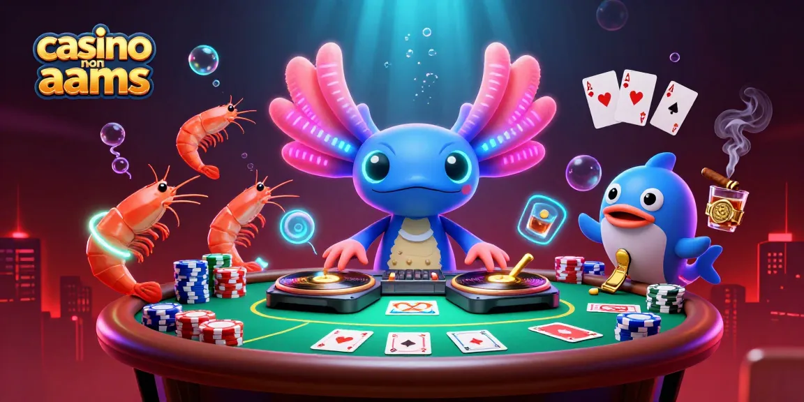 Giocando al casino non aams con un DJ axolotl e gamberi ballerini in un'illustrazione colorata