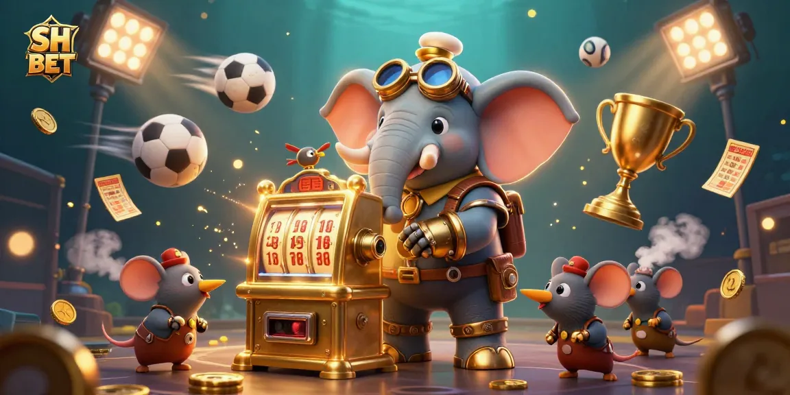 Experience thrilling action with SH BET as a steampunk elephant operates a vibrant golden slot machine.