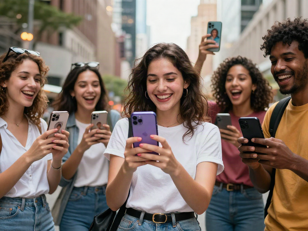 Young woman using a celebrity look-alike app to find out who she looks like celebrities in a lively urban setting.