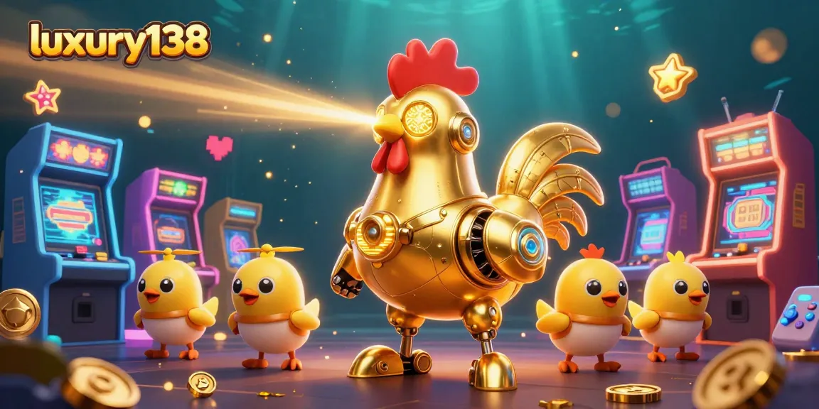 luxury138 menghadirkan robot ayam emas yang menembakkan laser, dikelilingi mesin slot berwarna-warni.