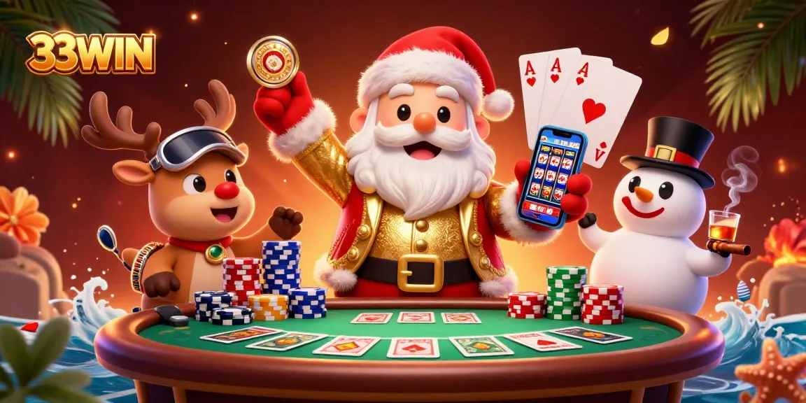 Experience excitement at 33WIN with festive characters celebrating jackpots at a lively casino scene.