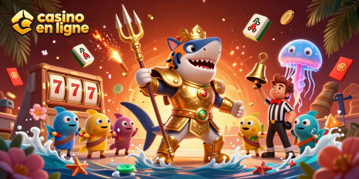 Découvrez une scène animée de casino en ligne avec un requin-tigre en armure de gladiateur, entouré d'éléments de jeu dynamiques.