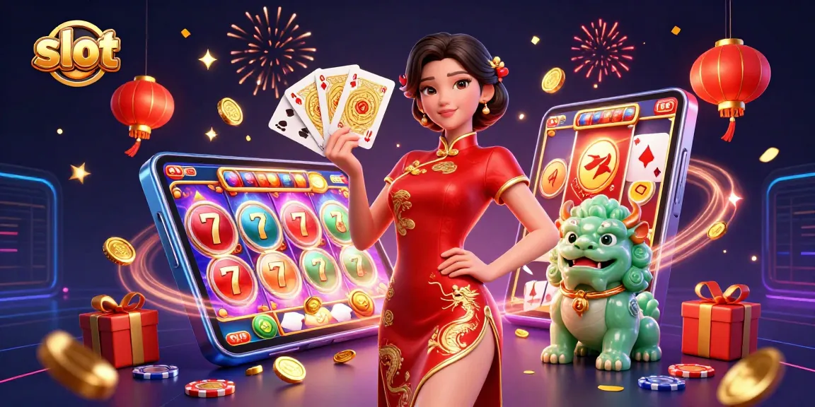 Spin colorful slot reels with golden coins and playing cards in this dynamic casino illustration.