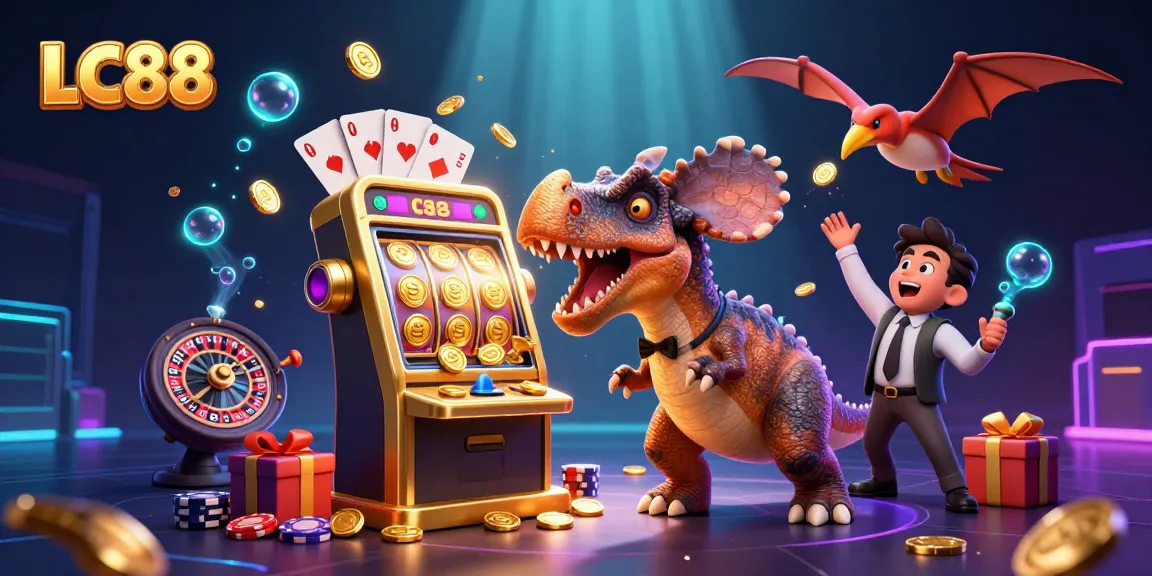 LC88 casino scene with cartoon dinosaurs celebrating a jackpot win at the slots.
