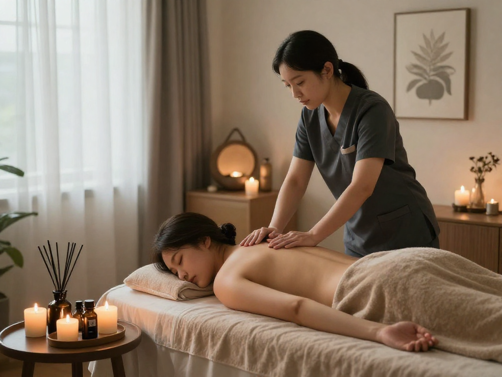 부천출장 massage therapy in a serene home spa setting with calming elements.
