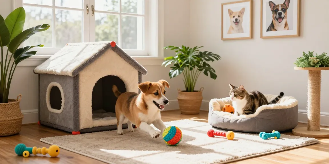 Interactive pet playhouse scene with NAGA2000-themed toys and happy pets playing together in a cozy atmosphere
