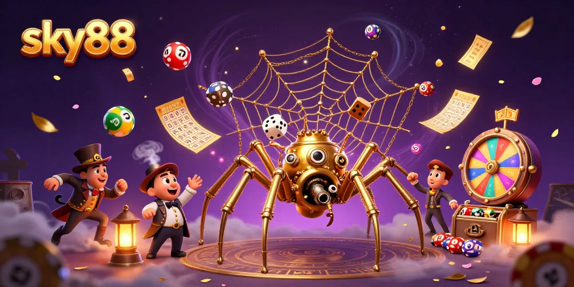Engage with sky88 in a vibrant, dynamic casino atmosphere featuring colorful lottery balls and immersive steampunk visuals.