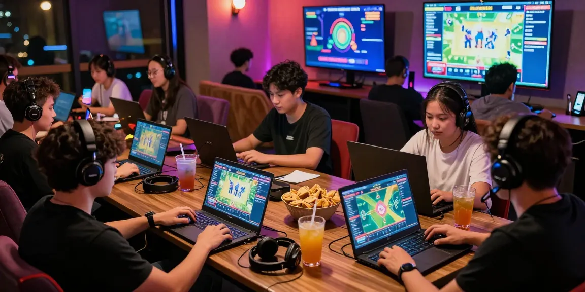 NAGA2000 DAFTAR gaming lounge with diverse players enjoying iGaming on laptops and mobile devices.