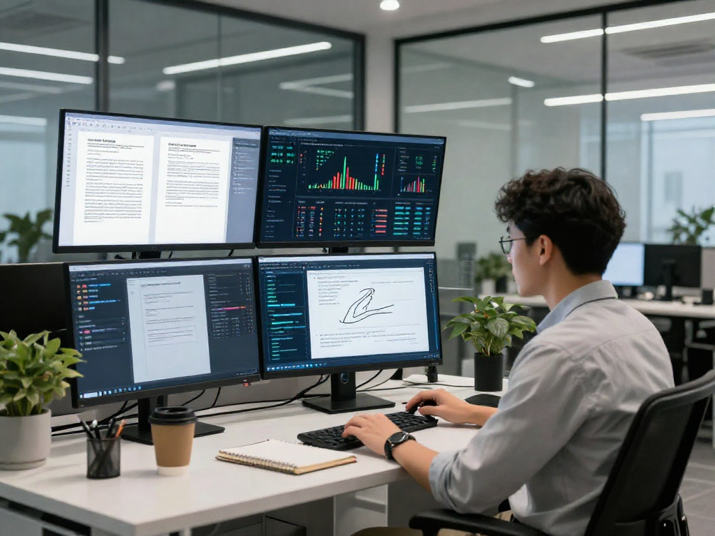 Data analyst using advanced document fraud detection technology in a modern office setting, highlighting AI analytics and real-time data.