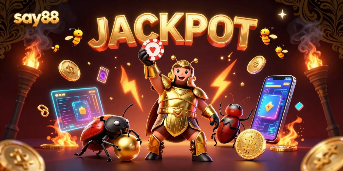 Bet on say88 with a victorious beetle lifting a poker chip in a vibrant gaming illustration.