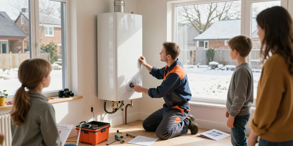 Professional boiler installation belfast showing a skilled engineer in a bright utility room, surrounded by tools and a satisfied family.