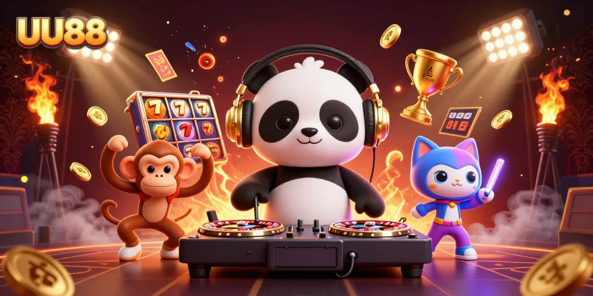 Experience the excitement at UU88 with a vibrant casino scene featuring lively characters engaging in thrilling gambling activities.