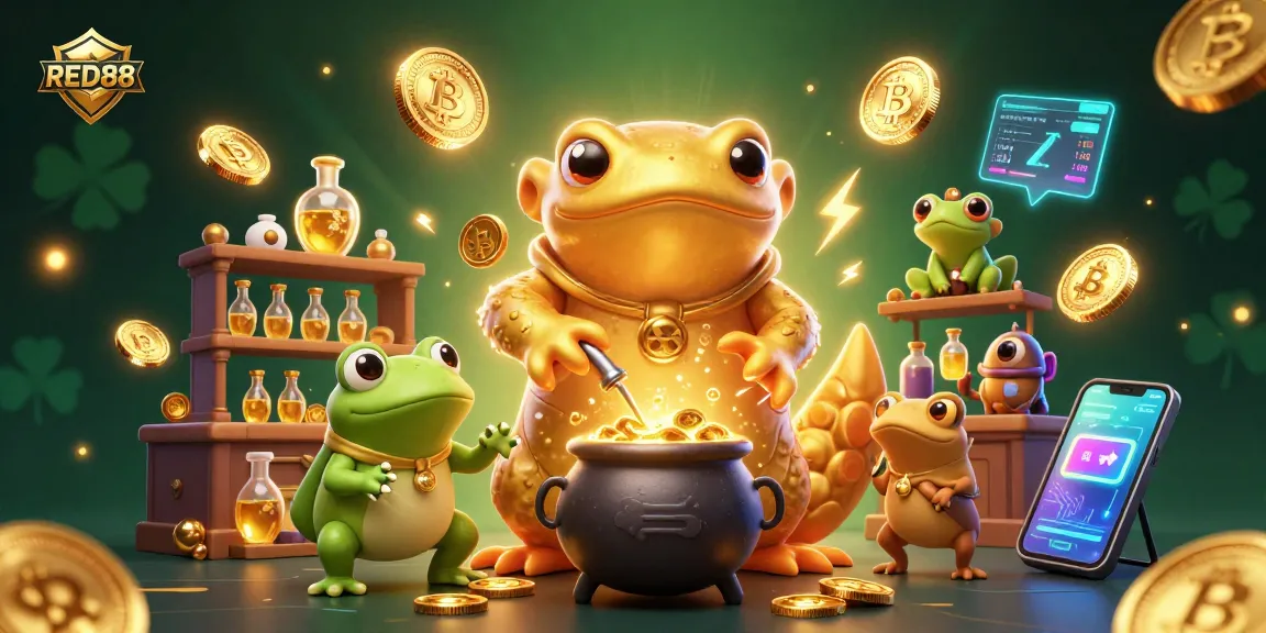 Explore gaming strategies with RED88 in a vibrant 3D casino scene featuring coins and alchemical elements.