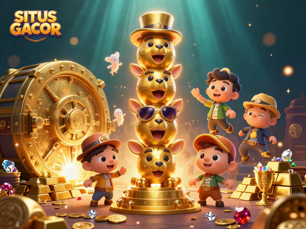 SITUS GACOR brings excitement with 3D golden totem characters surrounded by treasure and jewels.