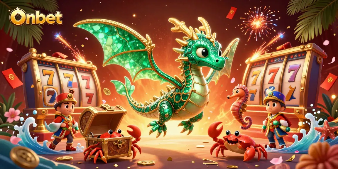 Engage in thrilling gameplay at Onbet, featuring a vibrant casino scene with dynamic slot reels and joyful dragon characters.