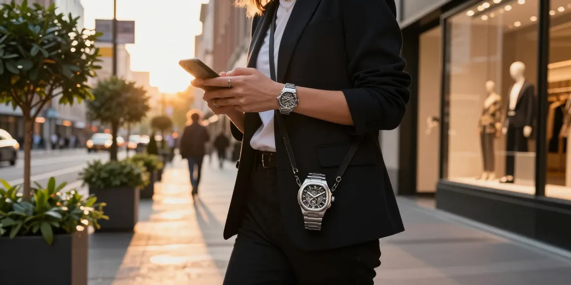 Stylish individual displaying a clone watch while exploring a vibrant city street at sunset.