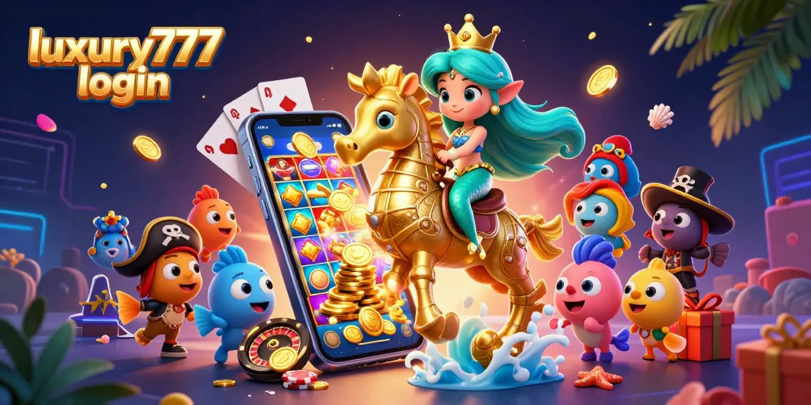 Experience the thrills of luxury777 login with a vibrant 3D casino scene featuring a winning mermaid and giant seahorse.