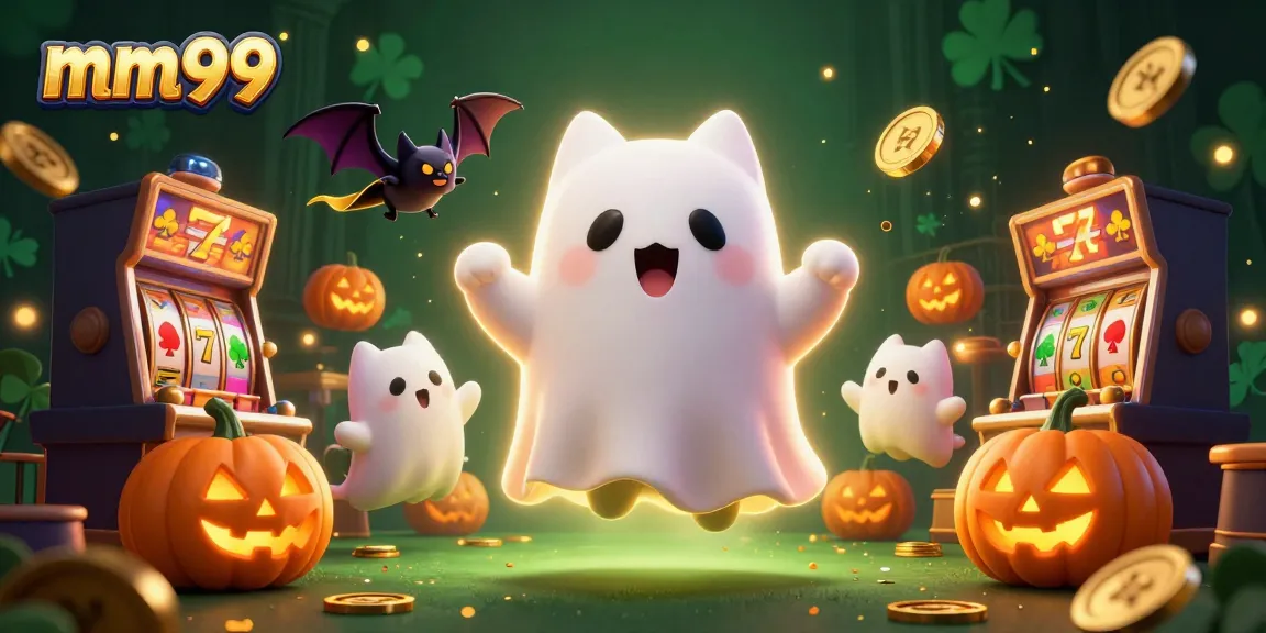 Experience fun gaming at mm99 with a lively ghost cat and jackpot-themed elements in this vibrant casino scene.