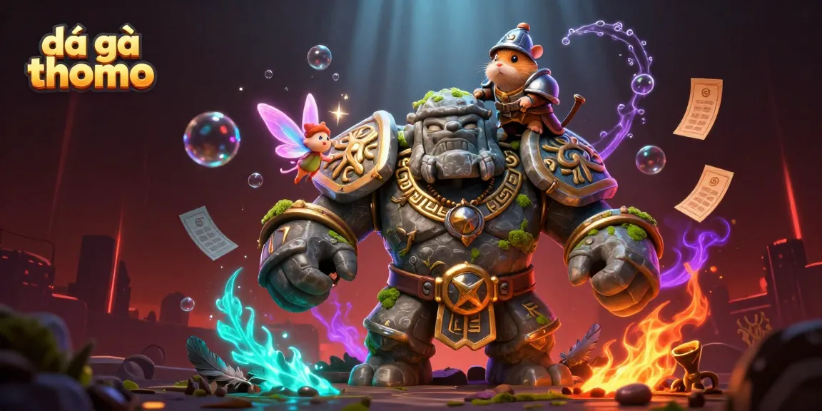 Experience the excitement of đá gà thomo with a captivating battle scene featuring unique characters and vibrant elements.