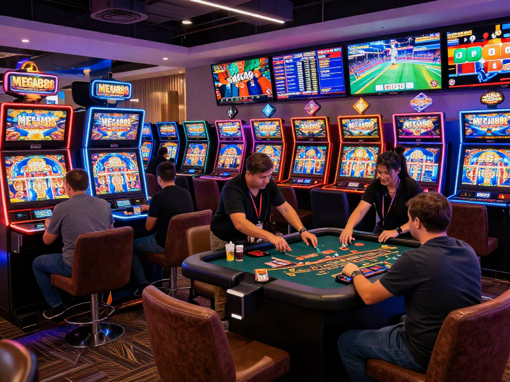 Exciting gaming lounge scene featuring MEGA888 slot machines and live table games.
