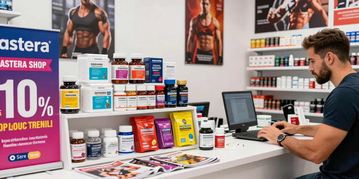 Customer shopping at Astera Shop, featuring lab-tested steroids and 10% discount signs in a modern retail setting.