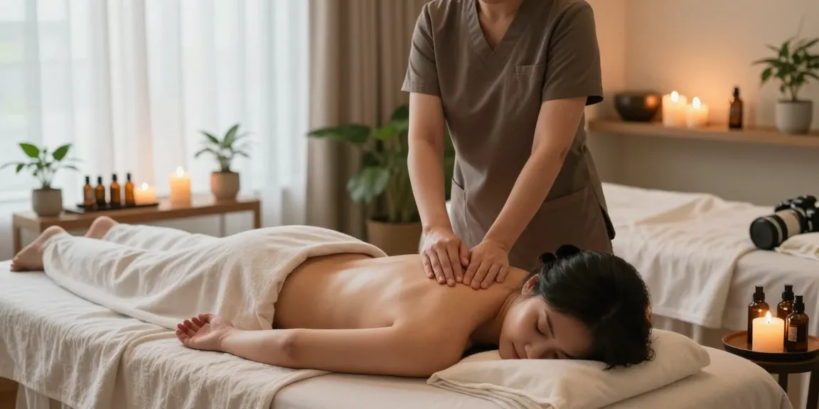 출장마사지 therapy session in a tranquil spa; therapist applying techniques in a serene environment with candles and plants.